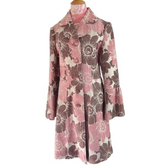 elevenses Jackets & Blazers - Anthropologie Pink Floral Bell Sleeve Long Winter Coat Size 12 Flocked Coquette